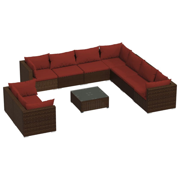 10-tlg. Garten-Lounge-Set mit Kissen Braun Poly Rattan