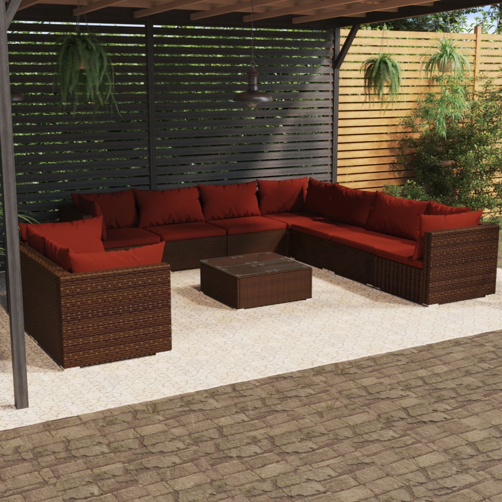 10-tlg. Garten-Lounge-Set mit Kissen Braun Poly Rattan