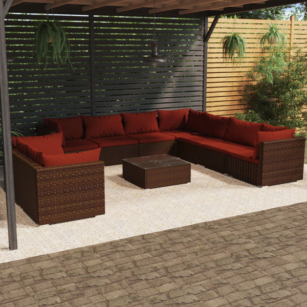 10-tlg. Garten-Lounge-Set mit Kissen Braun Poly Rattan