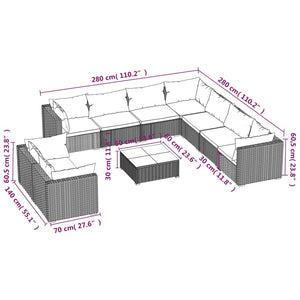 10-tlg. Garten-Lounge-Set mit Kissen Grau Poly Rattan