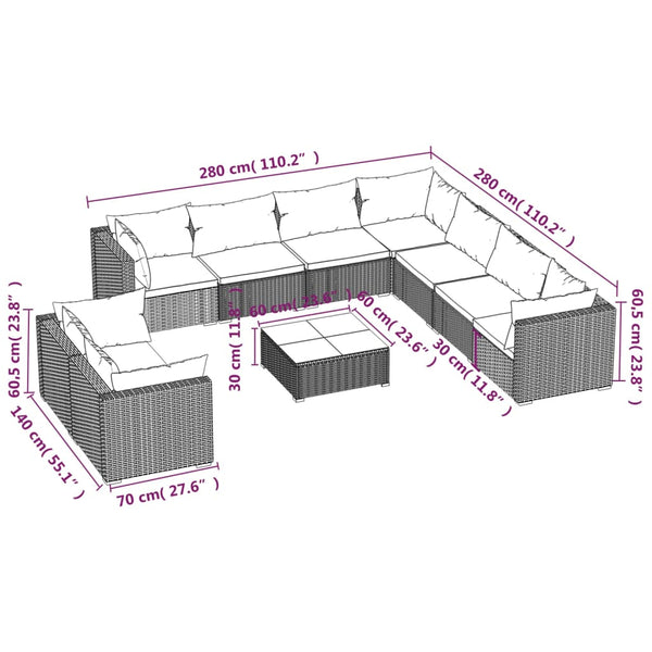 10-tlg. Garten-Lounge-Set mit Kissen Grau Poly Rattan