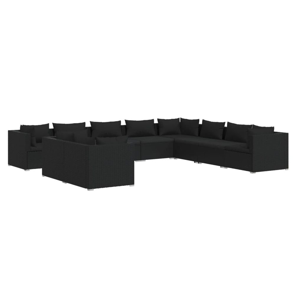 10-tlg. Garten-Lounge-Set mit Kissen Schwarz Poly Rattan