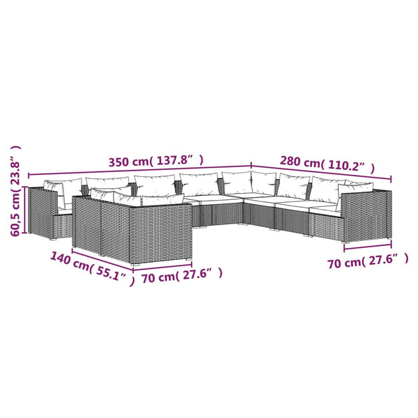 10-tlg. Garten-Lounge-Set mit Kissen Schwarz Poly Rattan