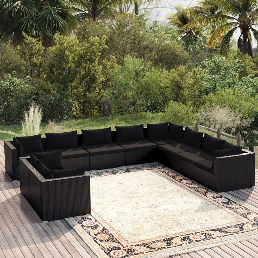10-tlg. Garten-Lounge-Set mit Kissen Schwarz Poly Rattan