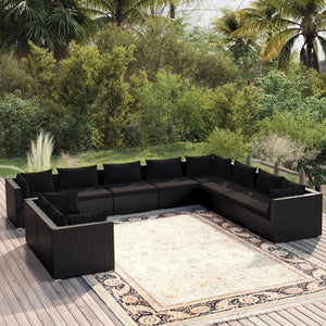 10-tlg. Garten-Lounge-Set mit Kissen Schwarz Poly Rattan