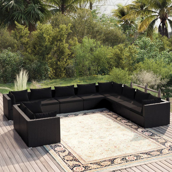 10-tlg. Garten-Lounge-Set mit Kissen Schwarz Poly Rattan