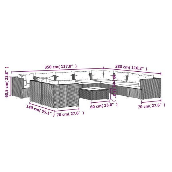 11-tlg. Garten-Lounge-Set mit Kissen Braun Poly Rattan