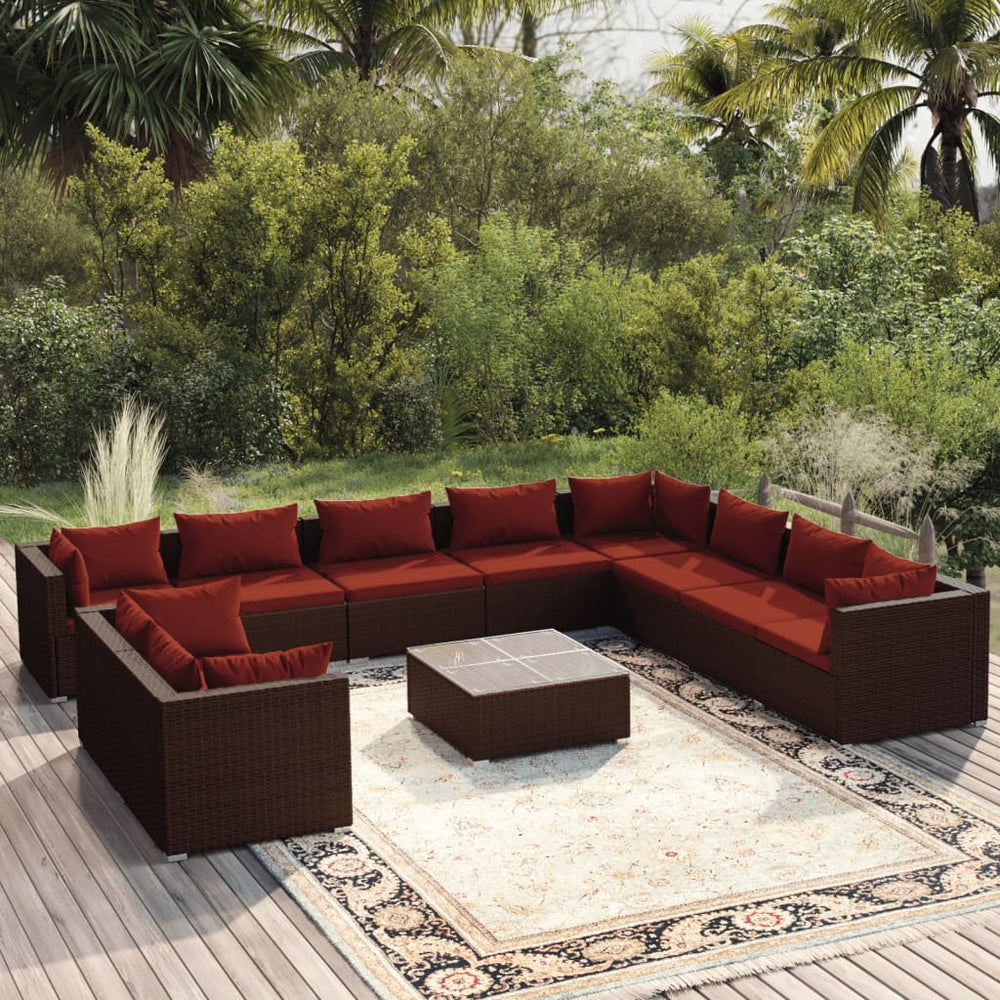 11-tlg. Garten-Lounge-Set mit Kissen Braun Poly Rattan