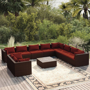 11-tlg. Garten-Lounge-Set mit Kissen Braun Poly Rattan