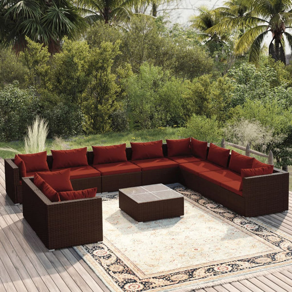 11-tlg. Garten-Lounge-Set mit Kissen Braun Poly Rattan
