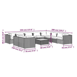11-tlg. Garten-Lounge-Set mit Kissen Grau Poly Rattan