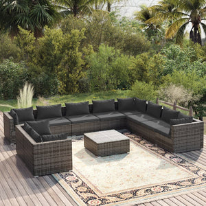 11-tlg. Garten-Lounge-Set mit Kissen Grau Poly Rattan