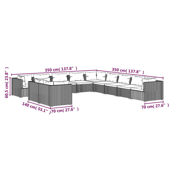 11-tlg. Garten-Lounge-Set mit Kissen Schwarz Poly Rattan