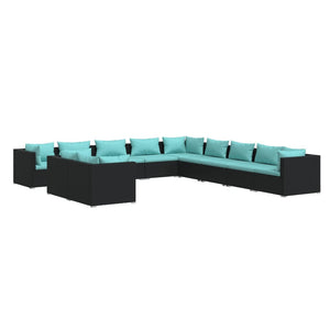 11-tlg. Garten-Lounge-Set mit Kissen Schwarz Poly Rattan