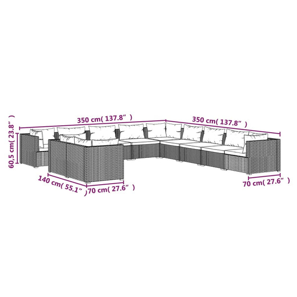 11-tlg. Garten-Lounge-Set mit Kissen Schwarz Poly Rattan