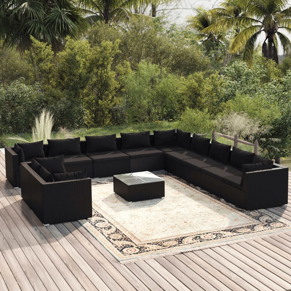 12-tlg. Garten-Lounge-Set mit Kissen Schwarz Poly Rattan