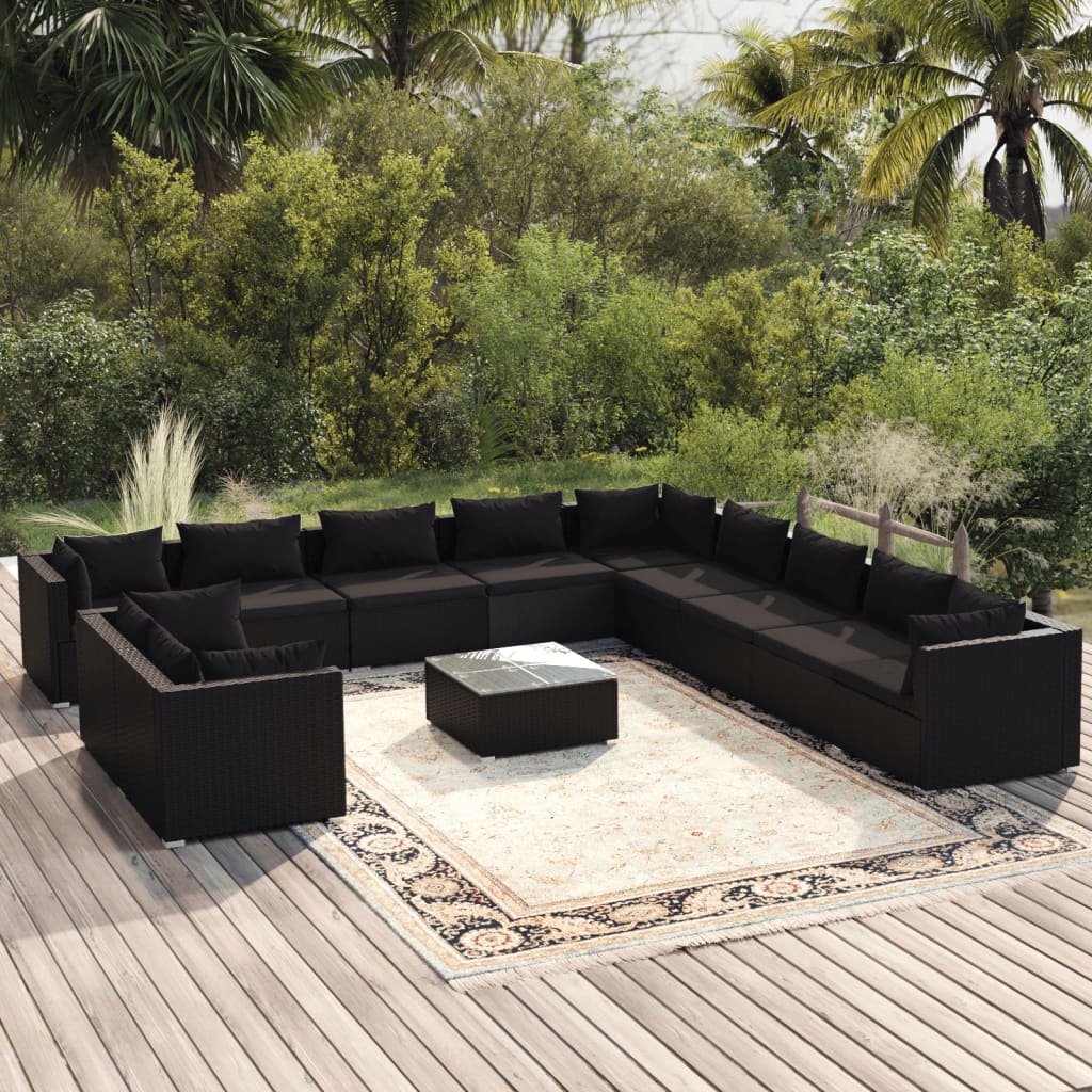 12-tlg. Garten-Lounge-Set mit Kissen Schwarz Poly Rattan
