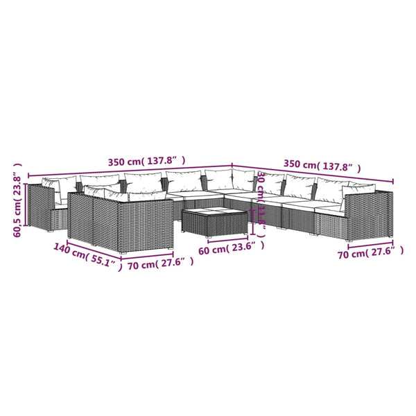 12-tlg. Garten-Lounge-Set mit Kissen Schwarz Poly Rattan