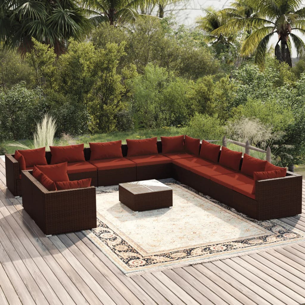 12-tlg. Garten-Lounge-Set mit Kissen Braun Poly Rattan