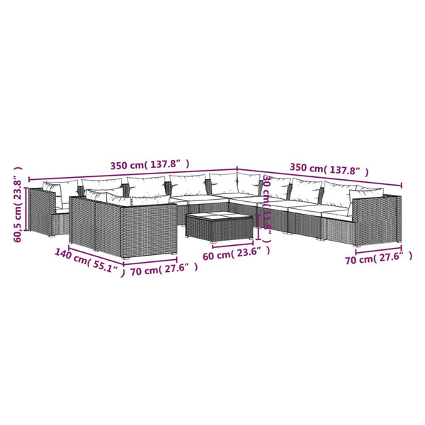 12-tlg. Garten-Lounge-Set mit Kissen Grau Poly Rattan