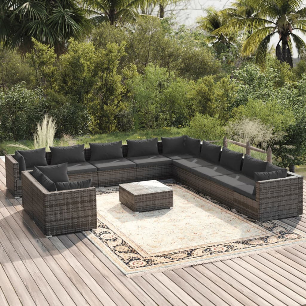 12-tlg. Garten-Lounge-Set mit Kissen Grau Poly Rattan