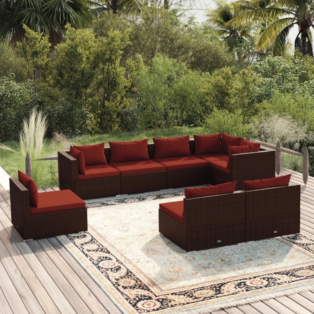 8-tlg. Garten-Lounge-Set mit Kissen Poly Rattan Braun