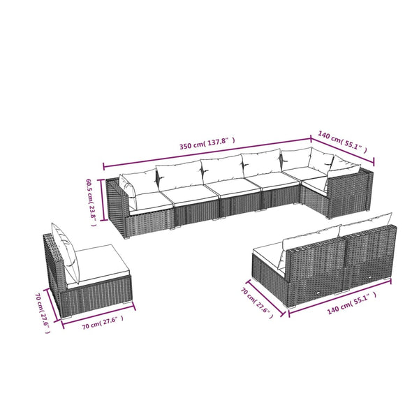 9-tlg. Garten-Lounge-Set mit Kissen Poly Rattan Grau