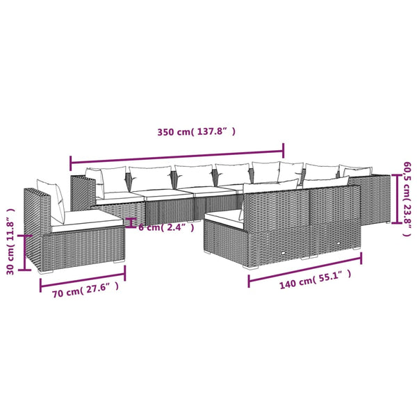 10-tlg. Garten-Lounge-Set mit Kissen Poly Rattan Schwarz