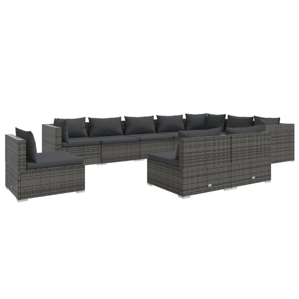 10-tlg. Garten-Lounge-Set mit Kissen Poly Rattan Grau