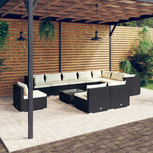 11-tlg. Garten-Lounge-Set mit Kissen Poly Rattan Schwarz