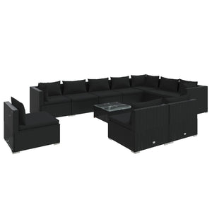 11-tlg. Garten-Lounge-Set mit Kissen Poly Rattan Schwarz