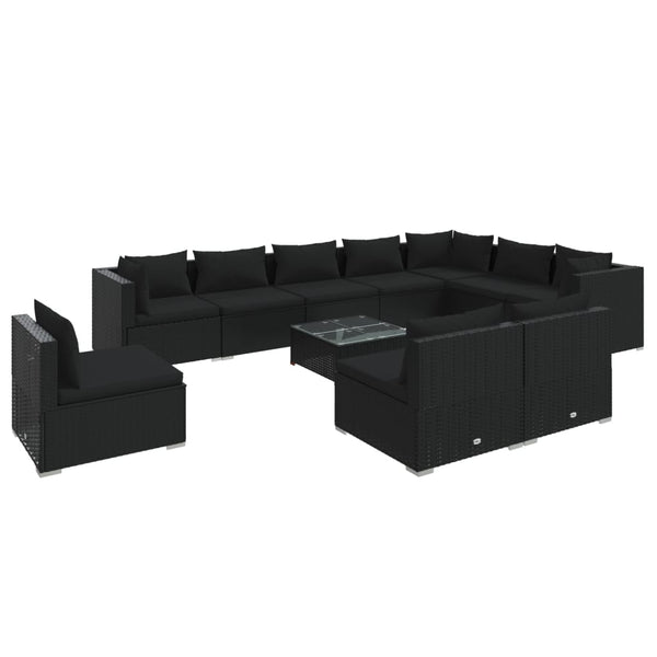 11-tlg. Garten-Lounge-Set mit Kissen Poly Rattan Schwarz
