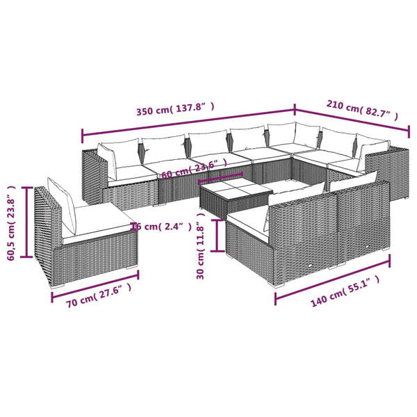 11-tlg. Garten-Lounge-Set mit Kissen Poly Rattan Schwarz