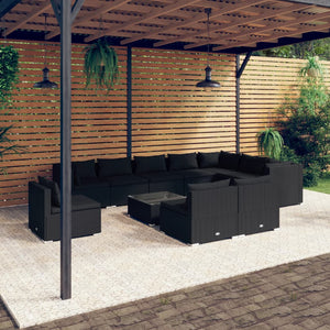 11-tlg. Garten-Lounge-Set mit Kissen Poly Rattan Schwarz