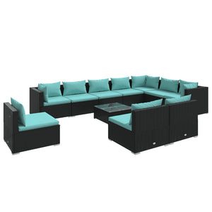 11-tlg. Garten-Lounge-Set mit Kissen Poly Rattan Schwarz