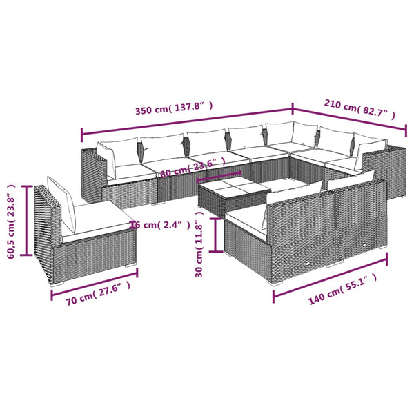 11-tlg. Garten-Lounge-Set mit Kissen Poly Rattan Schwarz