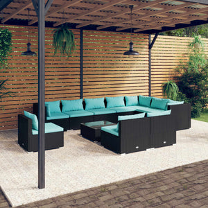 11-tlg. Garten-Lounge-Set mit Kissen Poly Rattan Schwarz
