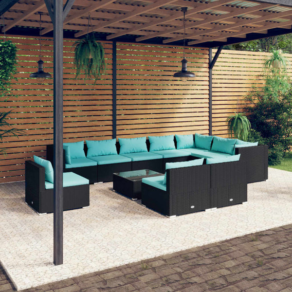 11-tlg. Garten-Lounge-Set mit Kissen Poly Rattan Schwarz