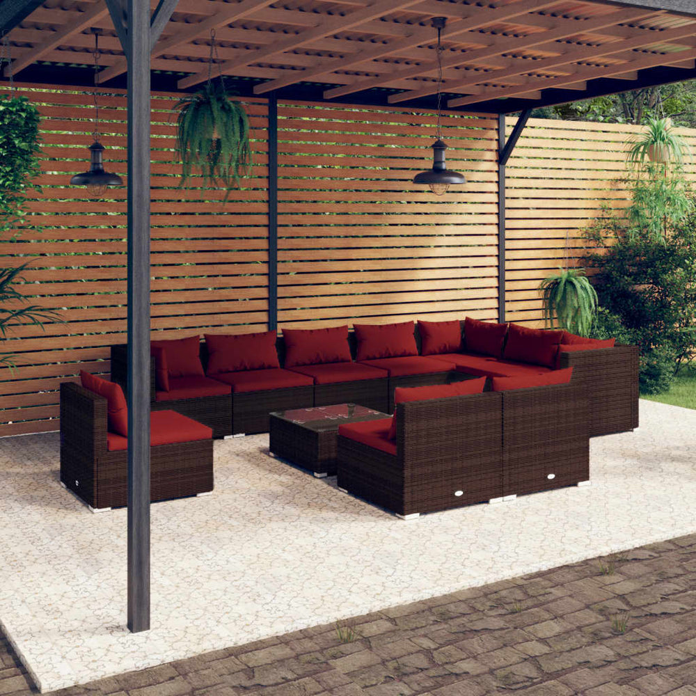 11-tlg. Garten-Lounge-Set mit Kissen Poly Rattan Braun