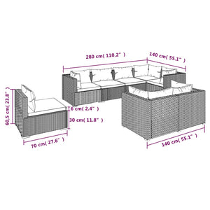 8-tlg. Garten-Lounge-Set mit Kissen Poly Rattan Grau