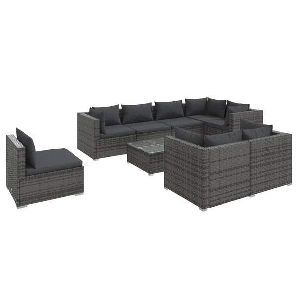 9-tlg. Garten-Lounge-Set mit Kissen Poly Rattan Grau
