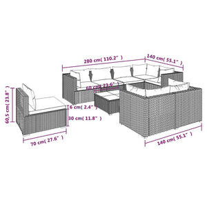 9-tlg. Garten-Lounge-Set mit Kissen Poly Rattan Grau