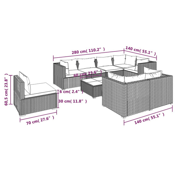 9-tlg. Garten-Lounge-Set mit Kissen Poly Rattan Grau