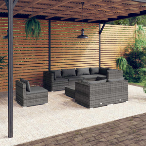 9-tlg. Garten-Lounge-Set mit Kissen Poly Rattan Grau
