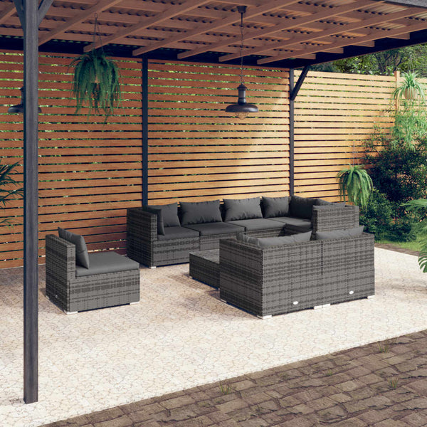 9-tlg. Garten-Lounge-Set mit Kissen Poly Rattan Grau