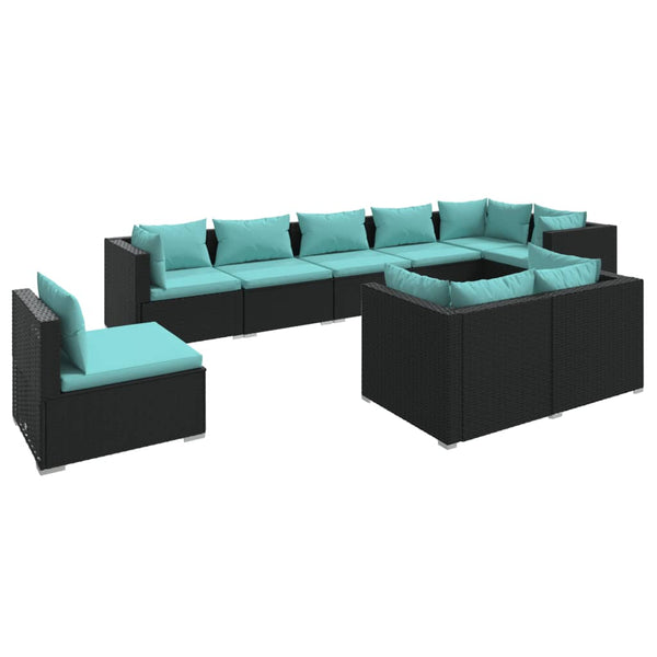 9-tlg. Garten-Lounge-Set mit Kissen Poly Rattan Schwarz