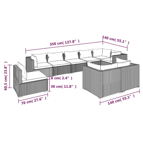 9-tlg. Garten-Lounge-Set mit Kissen Poly Rattan Grau