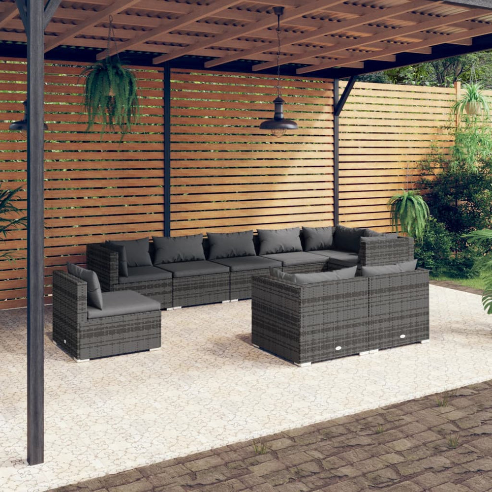 9-tlg. Garten-Lounge-Set mit Kissen Poly Rattan Grau