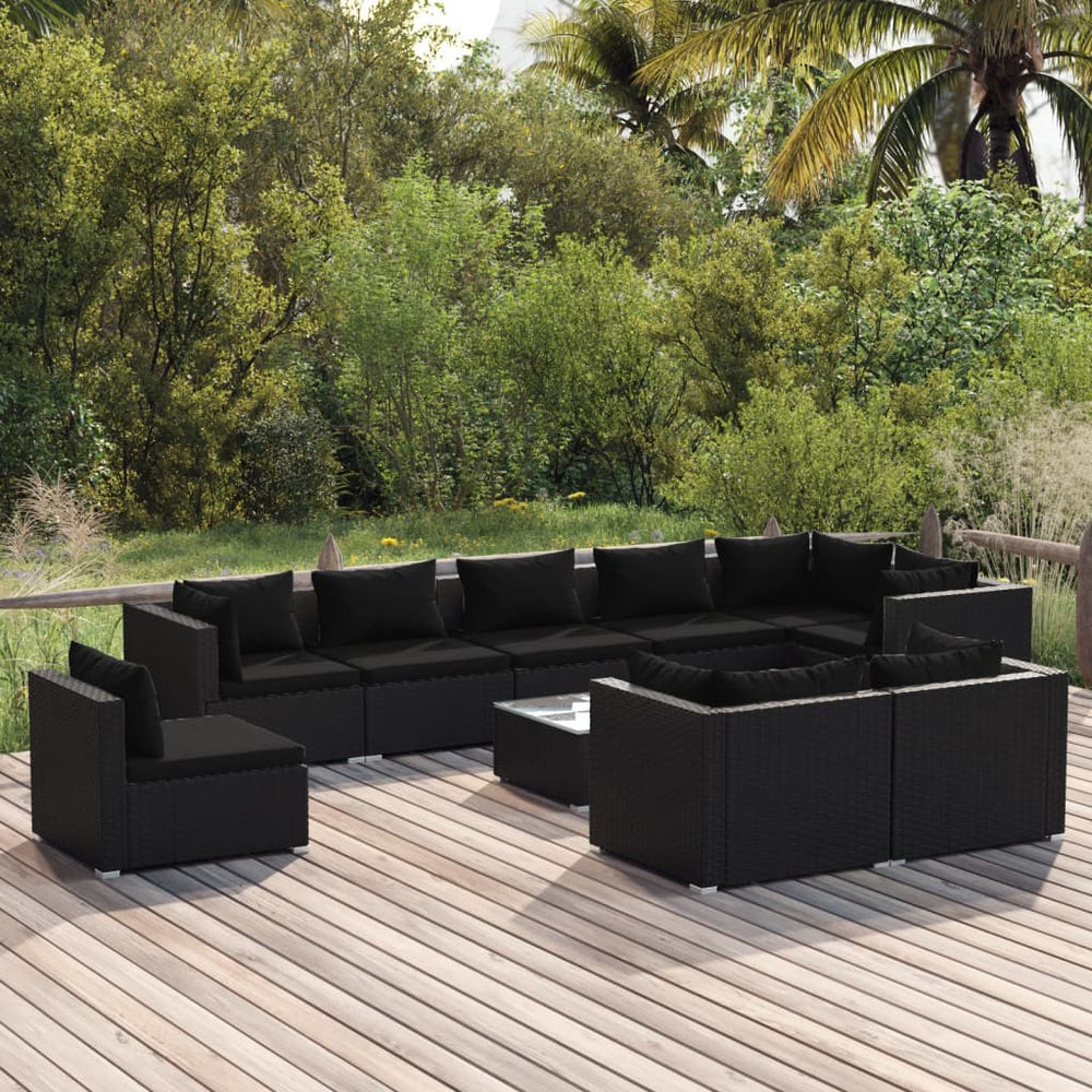 10-tlg. Garten-Lounge-Set mit Kissen Poly Rattan Schwarz