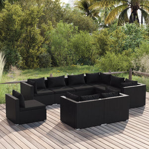 9-tlg. Garten-Lounge-Set mit Kissen Poly Rattan Schwarz